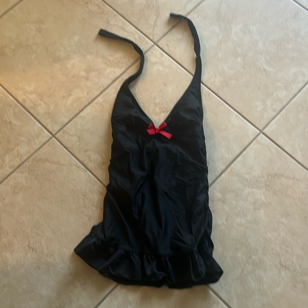 VENUS Black shirred one piece bathing suit with red bow